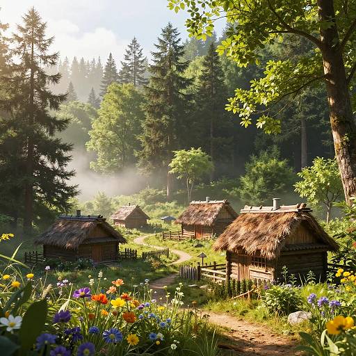 Serene Forest Village Morning Scene