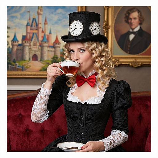 Photograph of a blonde woman in a black lace dress and top hat with clock faces, sipping tea on a red couch, with a castle painting