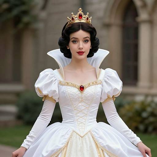 Digital illustration of a fair-skinned, dark-haired princess with red lips, wearing a white, puffed-sleeve ball gown, gold trim,
