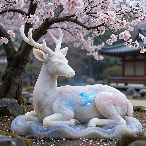 Photograph of a white, glowing deer statue with blue luminescent accents, lying under a blooming cherry blossom tree in a serene Japanese garden.