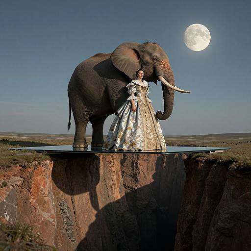 Photograph of a woman in an ornate, white, flowing dress standing beside a large elephant on a cliff at night, under a full moon.