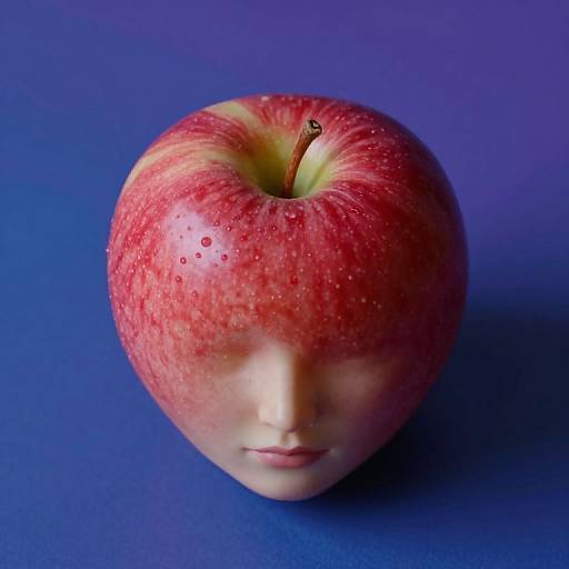 Photograph of a red apple with water droplets, featuring a blurred human face in the center, against a vibrant blue background.