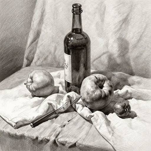 Black-and-white sketch of a bottle, three onions, and a knife on a crumpled cloth against a textured fabric background.