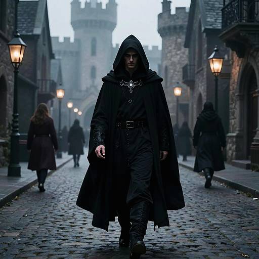 Photograph of a hooded, black-cloaked figure walking down a foggy, medieval street with stone buildings and lanterns, surrounded by dim