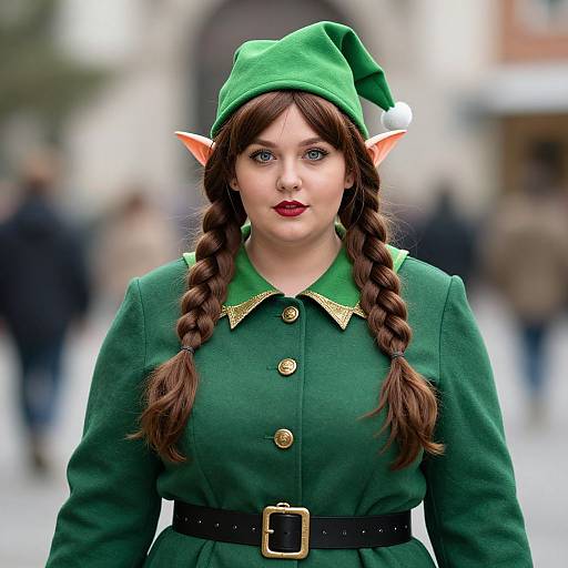 Photograph of a fair-skinned woman with brown braids, green elf costume, pointed ears, red lipstick, standing outdoors in a blurred city background