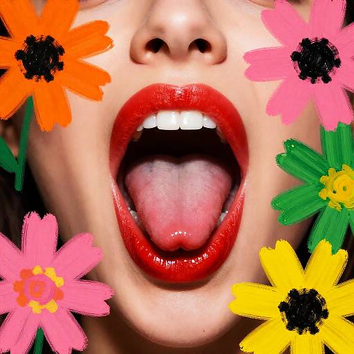 Glossy Red Lips Surrounded by Flowers