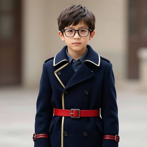 Boy in Navy Blue Coat with Glasses