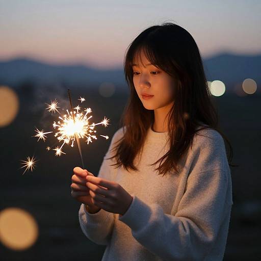 Photograph of a young Asian woman with long dark hair, wearing a white sweater, holding a lit sparkler at dusk, with blurred city lights in