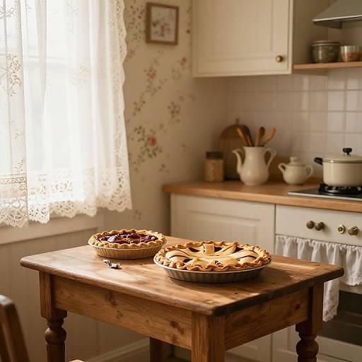 Photograph of a rustic kitchen with sunlight streaming through lace curtains, two apple pies on a wooden table, floral wallpaper, and white cabinets.