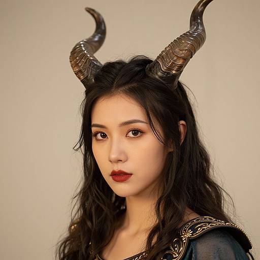 Photograph of an Asian woman with long black hair and dark red lipstick, wearing black dragon horns and an ornate black top, against a plain beige