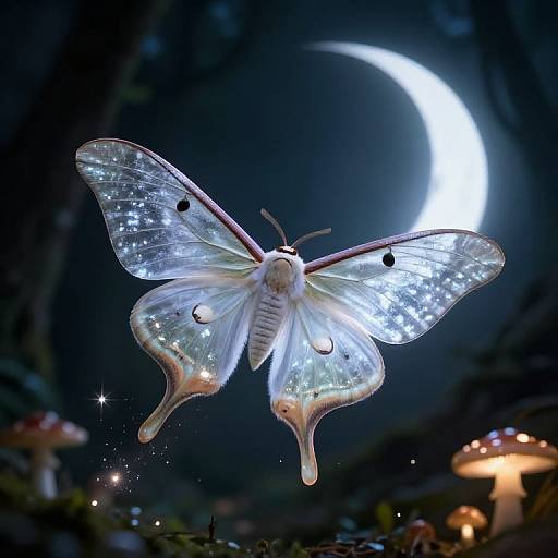 Glowing, iridescent moth with sparkling wings, illuminated by a crescent moon, amidst a dark forest with glowing mushrooms. Photorealistic