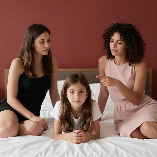 Three Women on Bed with Red Wall