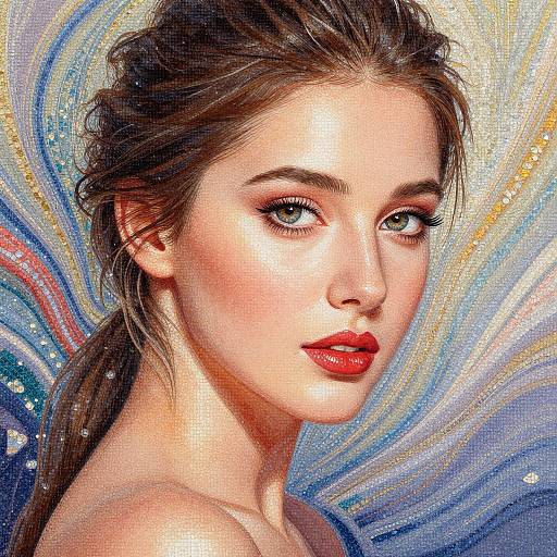 Digital portrait of a beautiful young woman with fair skin, red lipstick, blue eyes, and brown hair, set against a colorful, swirling background.