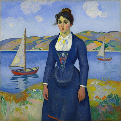 Post-impressionist painting of a fair-skinned woman in a dark blue dress, white blouse, and blue ribbon, standing by a vibrant lake with