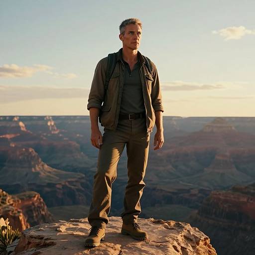 Photograph of a muscular, middle-aged man with short gray hair standing on a Grand Canyon rock ledge at sunset, wearing a dark jacket and pants,