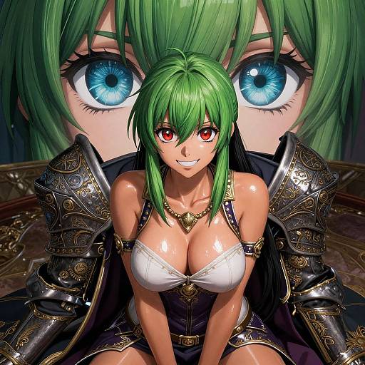 Digital anime-style artwork of a green-haired woman with large blue eyes, red eyes, and revealing armor, seated with ornate shoulder pads.