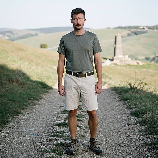 Photograph of a man with short brown hair and beard, wearing a gray t-shirt, white shorts, black belt, and gray shoes, standing on