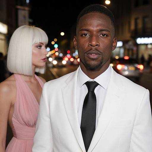 Photograph of a Black man in a white tuxedo and black tie, with a white-haired woman in a pink dress, in a city night