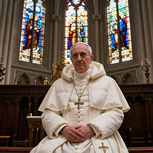 Photograph of Pope Benedict XVI in white papal robes, seated in front of vibrant stained glass windows in a cathedral.