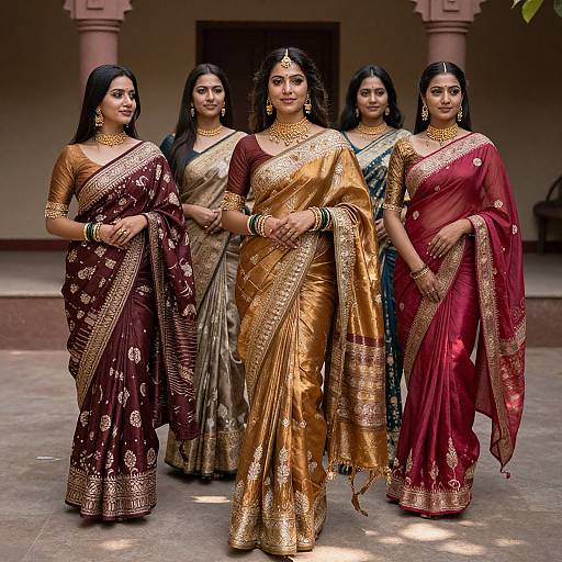 Photograph of five Indian women in traditional saris, wearing gold jewelry, standing in a courtyard with columns, showcasing diverse sari colors: maroon