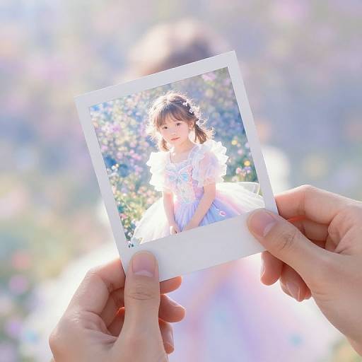 Photograph of a young Asian girl with light brown hair in a white dress, held by adult hands against a sunlit, blurred floral background.