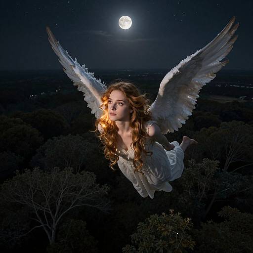 Photograph of a fair-skinned, winged angel with long, wavy brown hair and white dress, flying at night under a full moon,