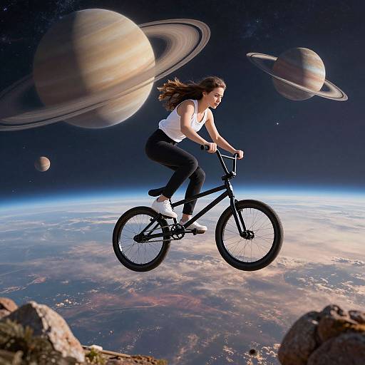 Photograph of a brown-haired woman in a white sleeveless top and black pants riding a black bicycle, floating above Earth with Saturn and its rings in