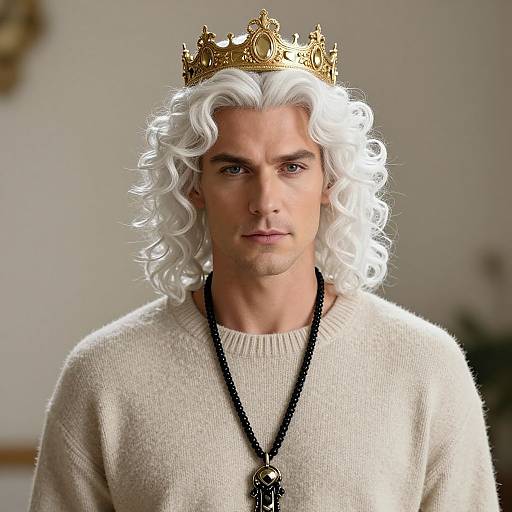 Photograph of a fair-skinned man with long, curly white hair wearing a gold crown, beige sweater, and black necklace with pendant.