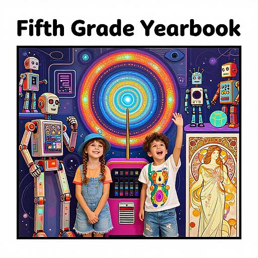 Colorful illustration of two children in front of retro robots, space-themed background, and a vibrant circular light, with text 