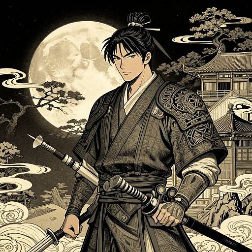 Anime-style illustration of a serious, muscular samurai with black hair in a topknot, wearing ornate armor, standing before a full moon and