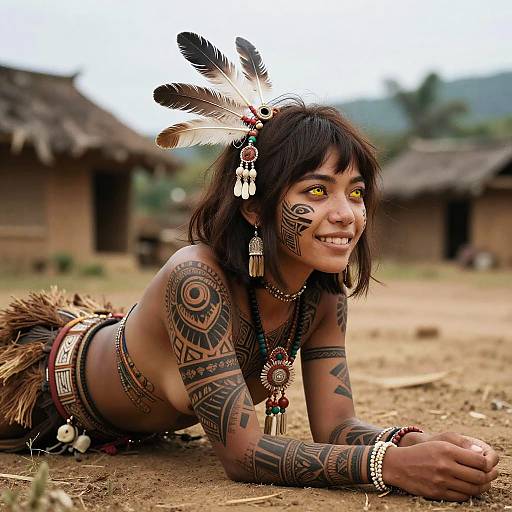 Photograph of a topless Indigenous woman with black hair, yellow eyes, tribal tattoos, feather headdress, and jewelry, lying on dirt in front