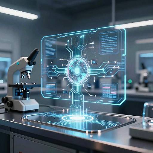 Photograph of a futuristic lab with a glowing blue digital circuit board hologram above a metallic surface, accompanied by a microscope on the left.
