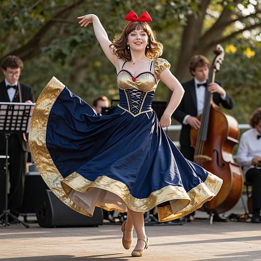 Photograph of a smiling woman with curly brown hair, wearing a navy blue dress with gold trim and red bow, dancing in an outdoor park, surrounded