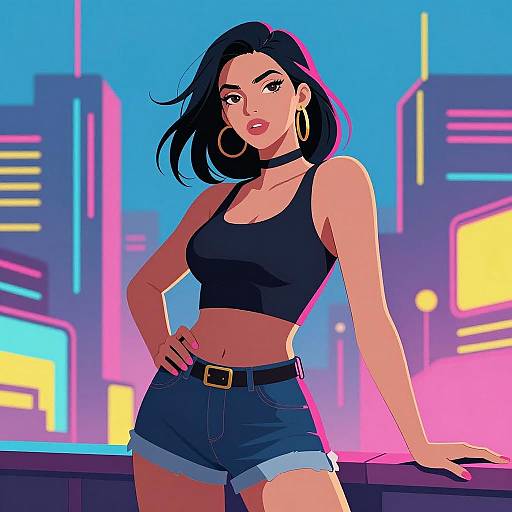 Vibrant Woman in Futuristic Cityscape