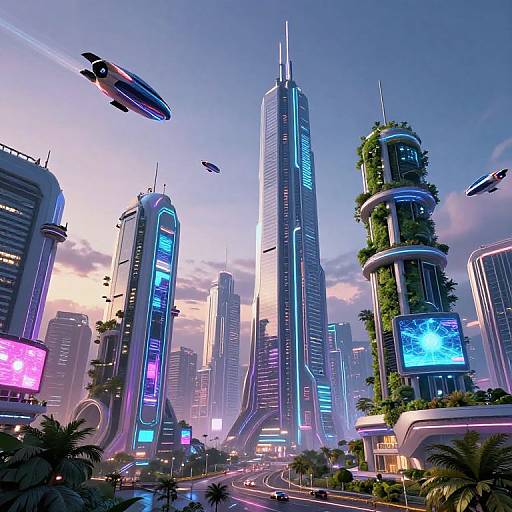 Photorealistic CGI of a futuristic cityscape with towering neon-lit skyscrapers, flying drones, green-clad buildings, and a vibrant,