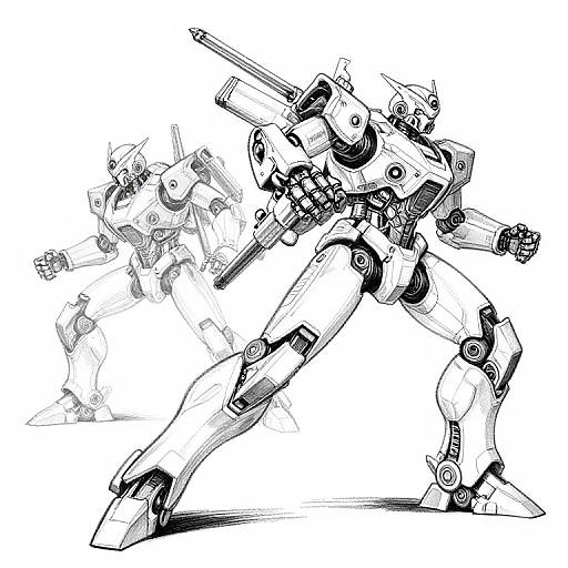 Black-and-white digital drawing of two detailed, futuristic mecha robots in dynamic fighting stances, one in front and one in the background.