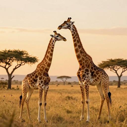 Photograph of two giraffes with patterned brown and white coats standing close in a golden savanna at sunset, with acacia trees in the