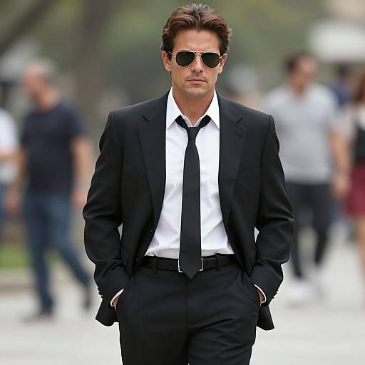 Photograph of a handsome man in a black suit, white shirt, black tie, and sunglasses, walking confidently in an urban park. Blurred pedestrians