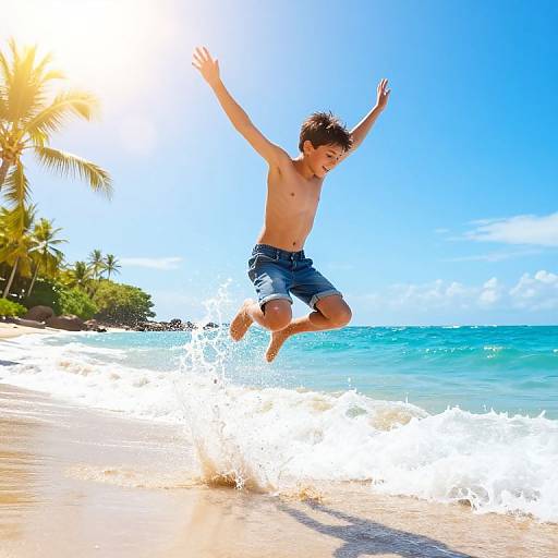 Energetic Boy Jumping Over Waves