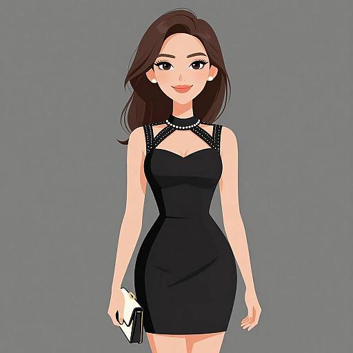 Digital illustration of a smiling Asian woman with long brown hair, wearing a black, sleeveless, form-fitting dress, black necklace, and holding a