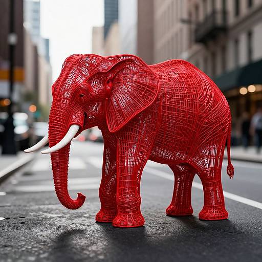 Photograph of a vibrant red, wire-mesh elephant sculpture standing on a city street, with blurred buildings and cars in the background. Urban, contemporary