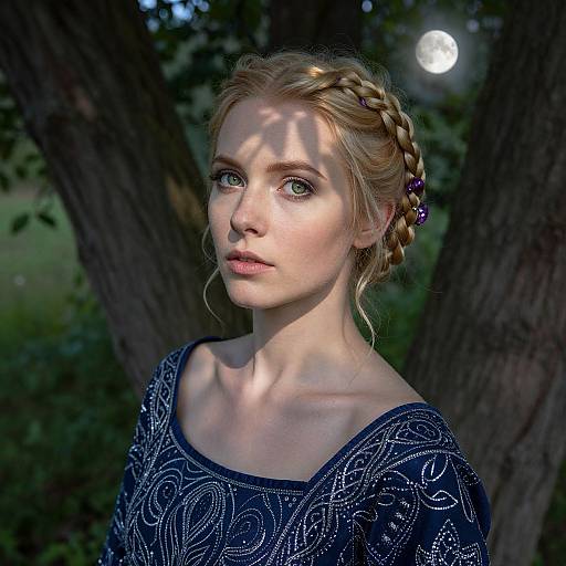 Photorealistic digital portrait of a blonde woman with braided hair, wearing a navy blue, embroidered top, standing in a moonlit forest.