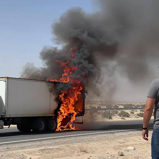 Fiery Truck in Desert Landscape Scene