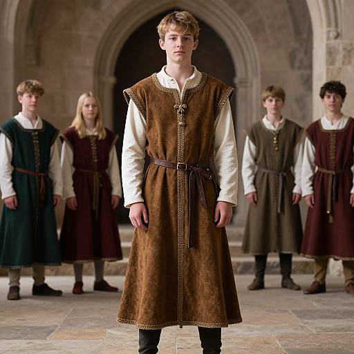 Photograph of a young man in medieval-style brown velvet dress with white shirt, standing in stone archway, surrounded by five peers in similar attire.
