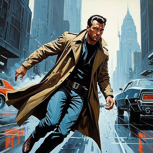 Cyberpunk Trench Coat Man in City