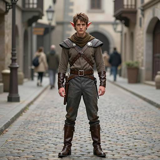 Young Male Elf in Fantasy Costume on Medieval Street