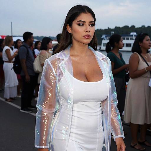 Photograph of a dark-haired woman with a medium complexion wearing a white, low-cut dress and a shiny, translucent jacket, standing confidently in a crowded