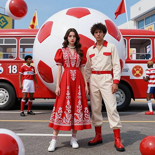 Photograph of a young couple in traditional Spanish attire, standing in front of a large red and white soccer ball, with red bus and children in background