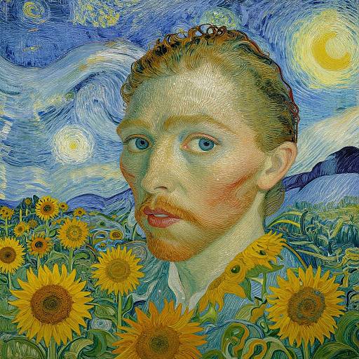 Vincent van Gogh-style digital painting of a bearded man with blue eyes, surrounded by vibrant sunflowers, under a swirling blue night sky with