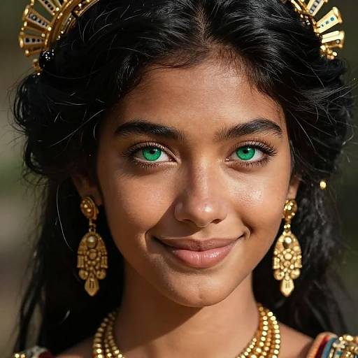 Photograph of a young woman with dark skin, green eyes, and black hair adorned with a golden crown and intricate jewelry, smiling confidently.